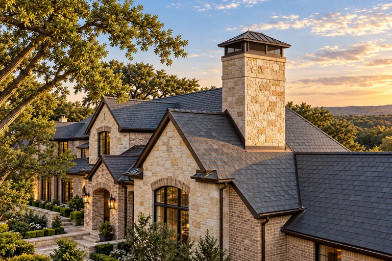 Illustration of a premium custom metal cap fully visible on a limestone chimney